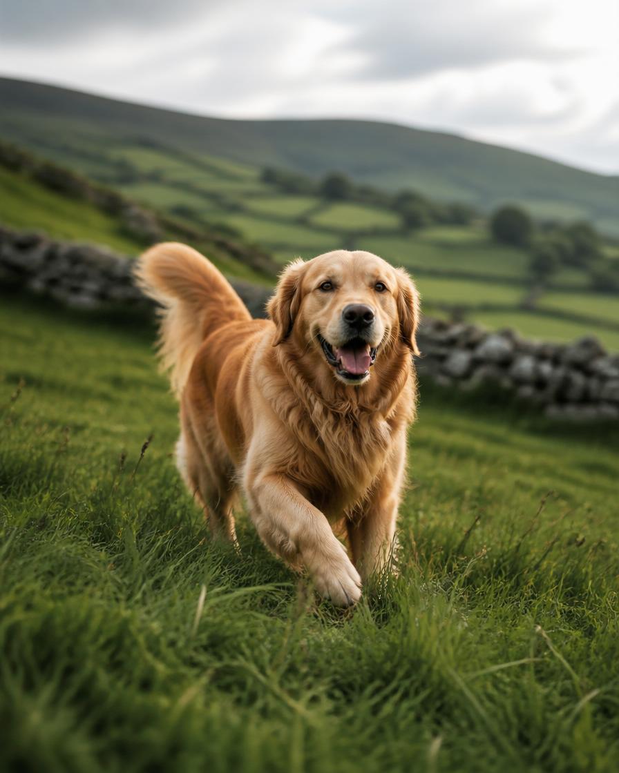 A happy golden retriever trotting through a green Irish meadow