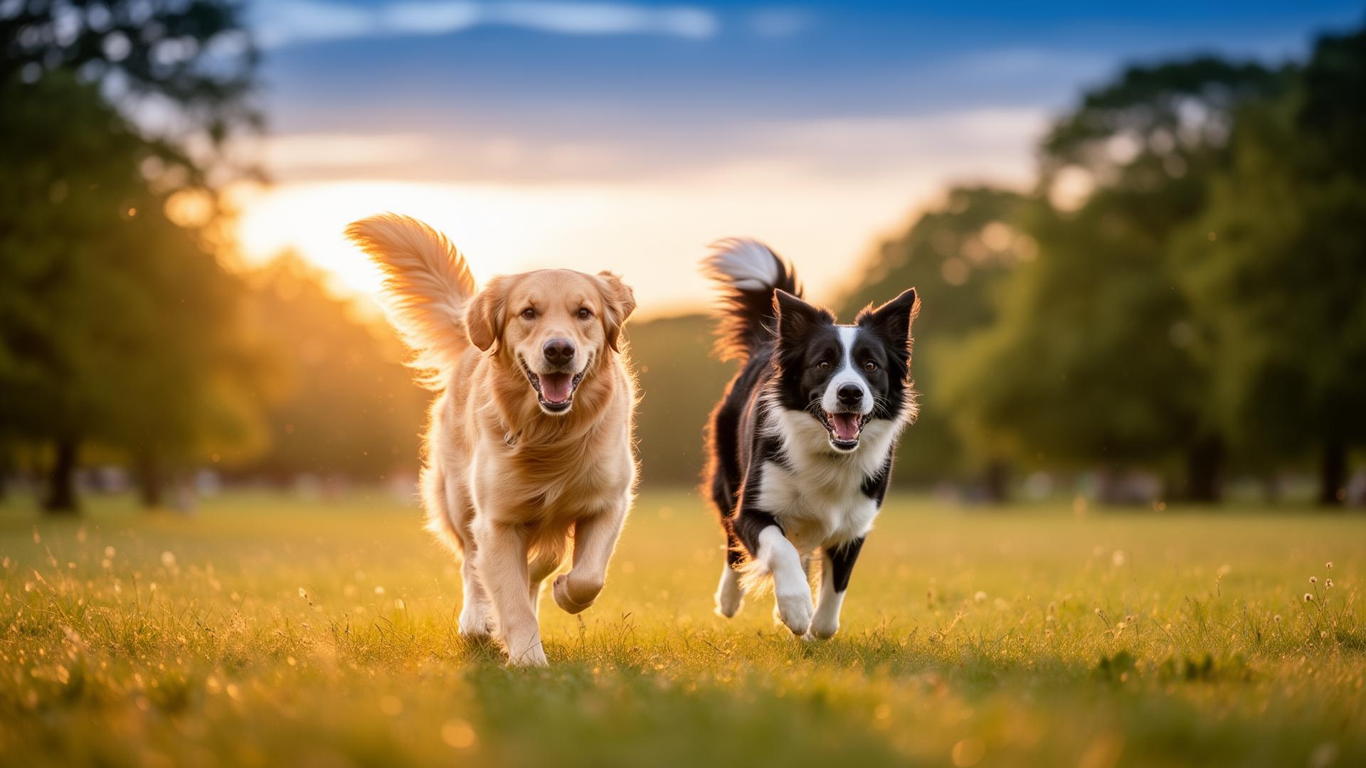 A golden retriever and a border collie running joyfully in an Irish park at golden hour